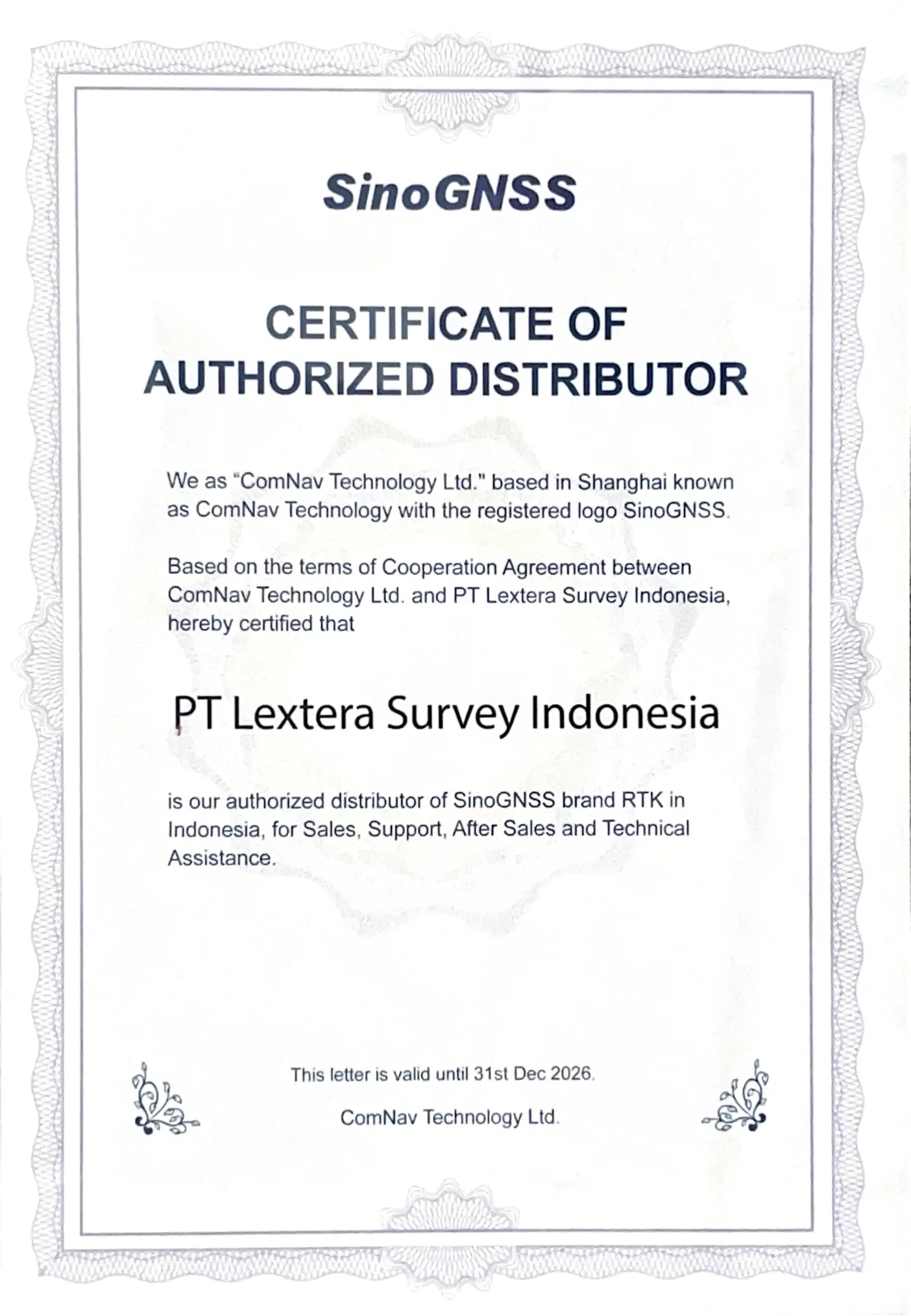 Certificate of Authorized Distributor